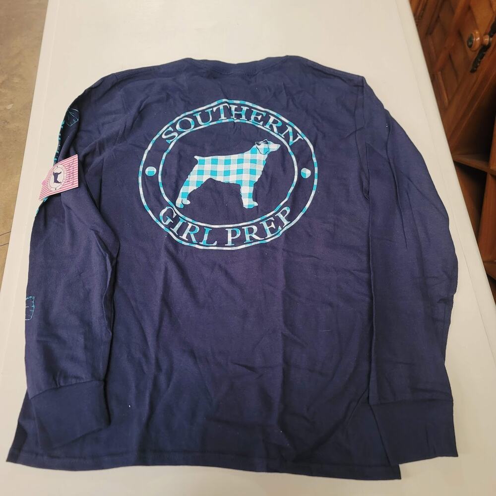 Southern Girl Prep NEW Long Sleeve TShirt Cotton YOUTH DARK BLUE plaid dog SMALL